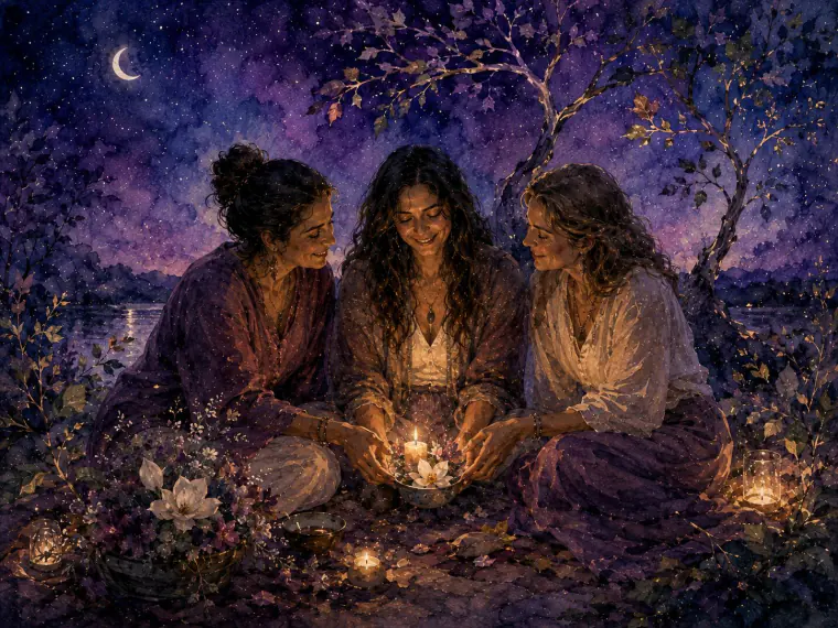 Ilustración en acuarela de tres amigas sosteniendo juntas un cuenco con una vela encendida bajo la luna