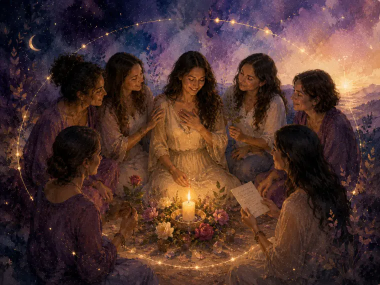Ilustración en acuarela de un círculo de mujeres alrededor de una vela y flores bajo un cielo estrellado