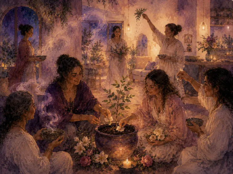 Ilustración en acuarela de un grupo de mujeres sembrando una planta y bendiciendo una casa con humo e incienso