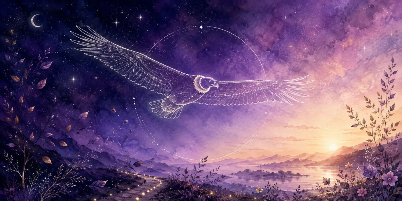Ilustración en acuarela de un ave luminosa volando entre la noche estrellada y un amanecer sobre el valle