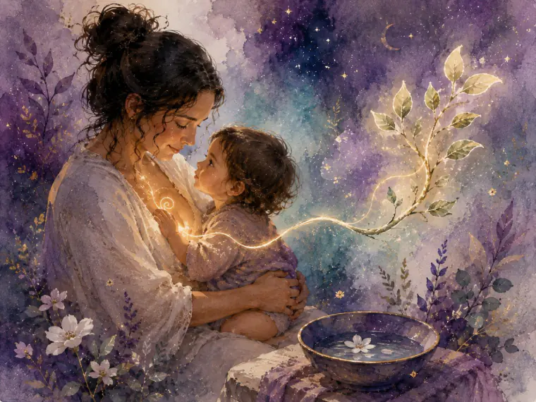 Ilustración en acuarela de una madre sosteniendo a su hijo pequeño junto a un cuenco de agua con una flor
