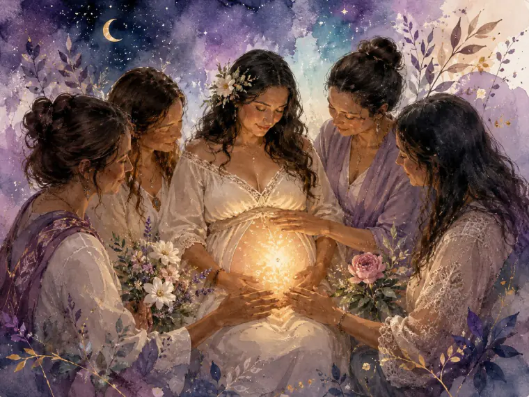 Ilustración en acuarela de varias mujeres rodeando a una embarazada y sosteniendo su vientre bajo un cielo estrellado