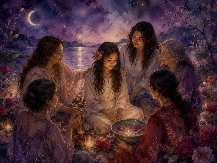 Ilustración en acuarela de mujeres de distintas edades rodeando a una niña junto a un cuenco con flores y velas