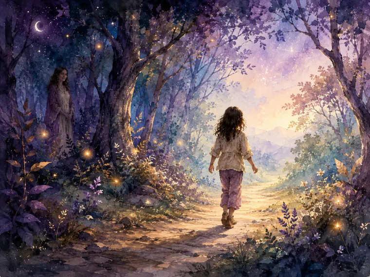 Ilustración en acuarela de una niña caminando por un sendero luminoso mientras su madre la observa desde el bosque