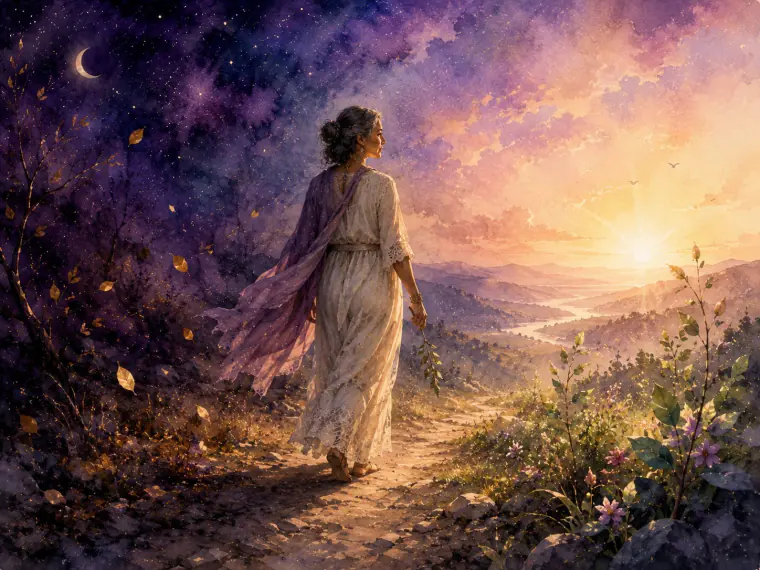 Ilustración en acuarela de una mujer caminando desde un cielo nocturno hacia un amanecer sobre el valle