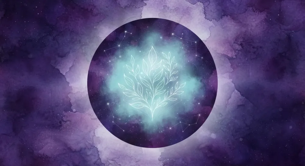 Emblema de Prácticas de Paz: una planta luminosa dentro de un círculo estrellado en tonos violeta