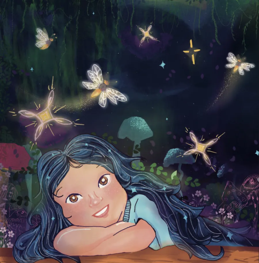 Isaris, la protagonista del cuento, rodeada de luciérnagas en el bosque