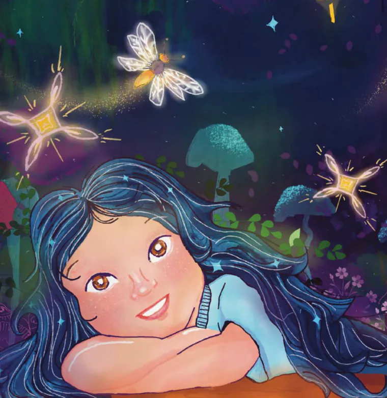 Ilustración de una niña recostada en un bosque mágico rodeada de luciérnagas