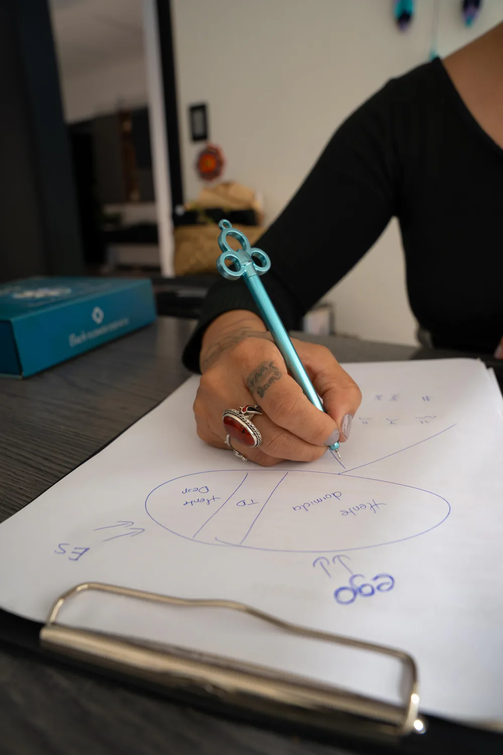 Gabriela Ormaza tomando notas durante una sesión de terapia