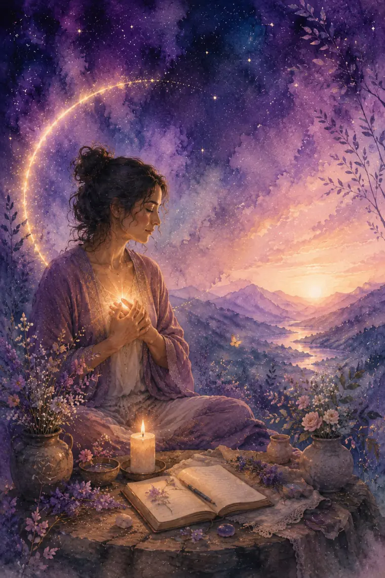Ilustración en acuarela de una mujer sosteniendo una luz en su pecho frente a un nuevo amanecer