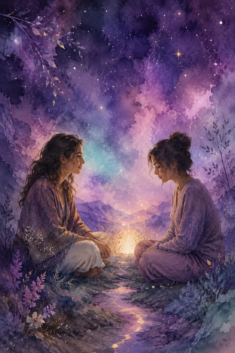 Ilustración en acuarela de dos mujeres sentadas frente a frente bajo un cielo estrellado