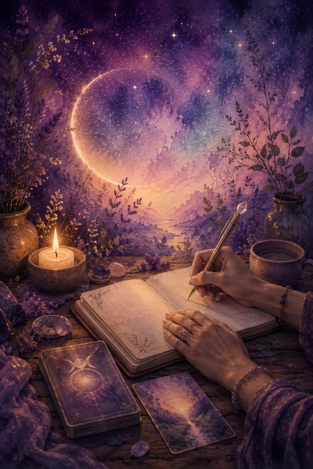 Ilustración en acuarela de unas manos escribiendo un diario junto a cartas de oráculo bajo una luna creciente